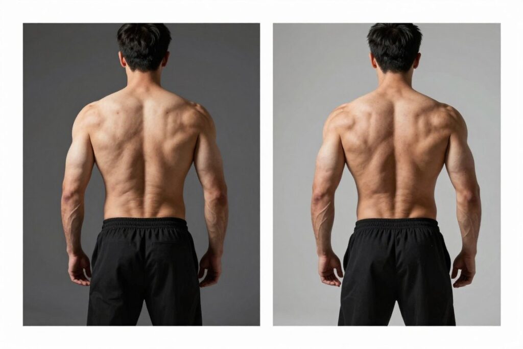 Antes e depois de usuário de GHDROL mostrando ganho de massa muscular Antes e depois de usuário de GHDROL mostrando ganho de massa muscular