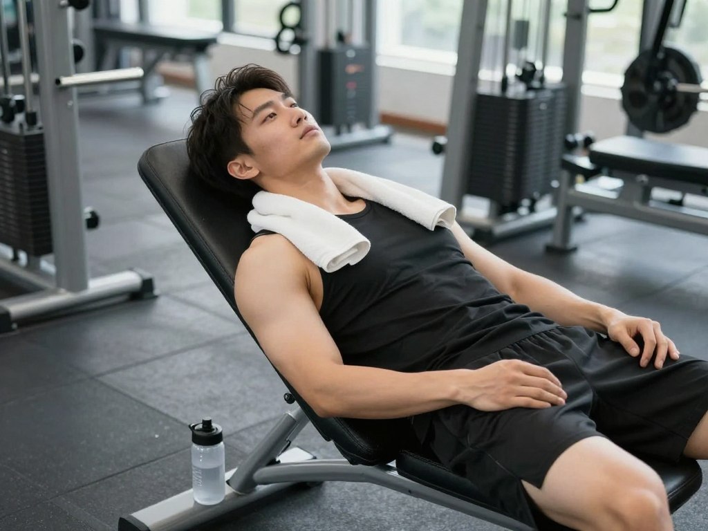 Homem relaxado após treino demonstrando boa recuperação muscular Homem relaxado após treino demonstrando boa recuperação muscular