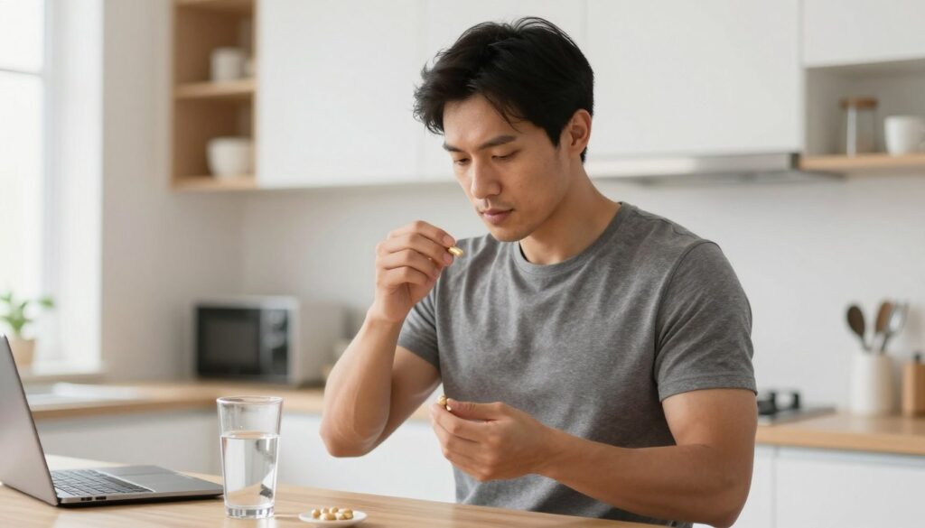 Homem tomando suplemento GHDROL pela manhã Homem tomando suplemento GHDROL pela manhã