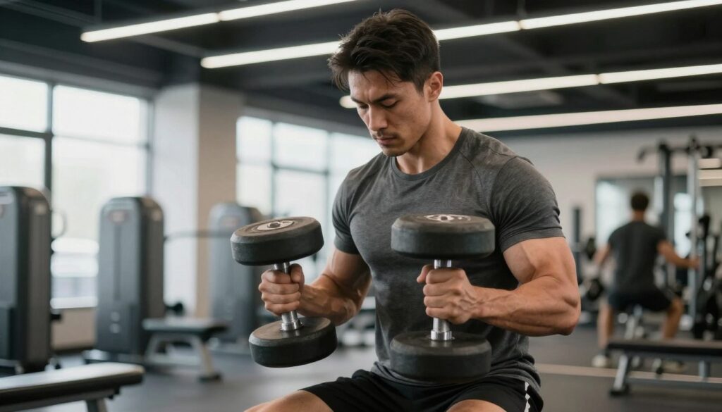 Homem treinando na academia usando suplemento para aumento de massa muscular Homem treinando na academia usando suplemento para aumento de massa muscular