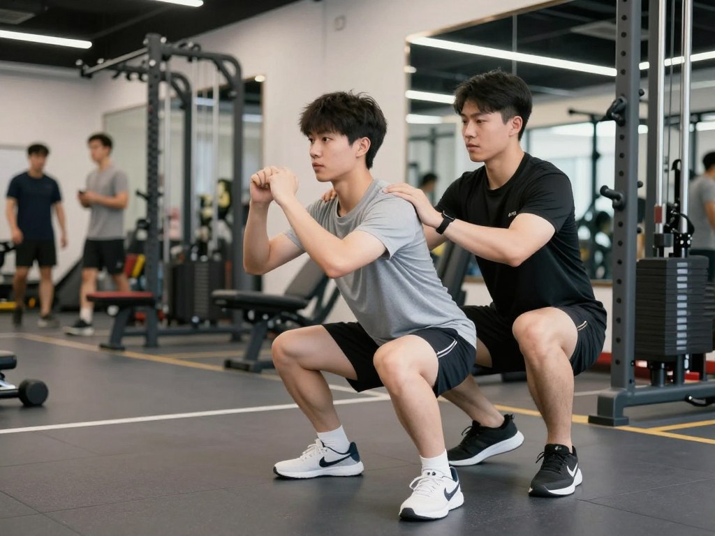 Iniciante aprendendo exercícios com instrutor na academia Iniciante aprendendo exercícios com instrutor na academia