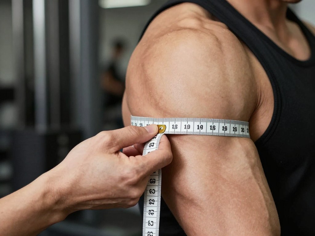 Medição de braço muscular mostrando resultados de suplemento para hipertrofia Medição de braço muscular mostrando resultados de suplemento para hipertrofia